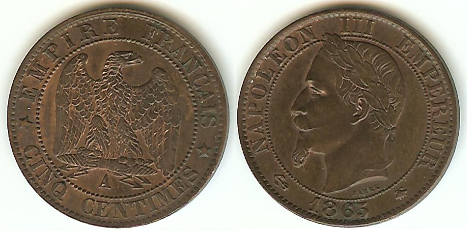 Cinq centimes Napoléon III, tête laurée 1865 Paris  SPL